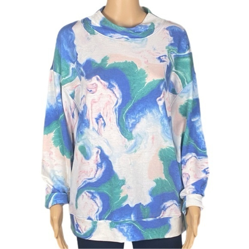 NALLY & MILLIE blue green & white marble swirl pattern Mock turtleneck Large EUC